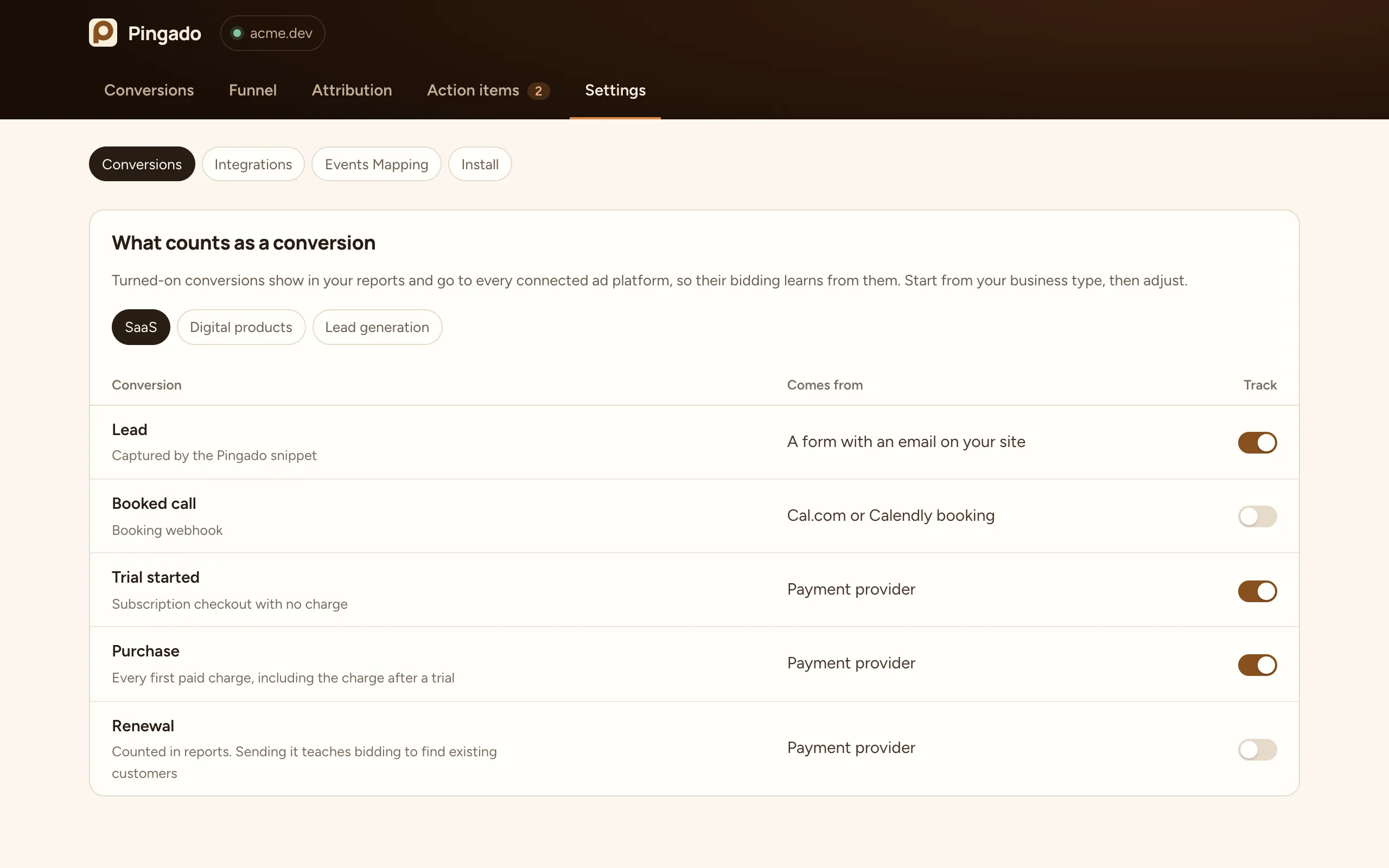 Choosing conversions in settings