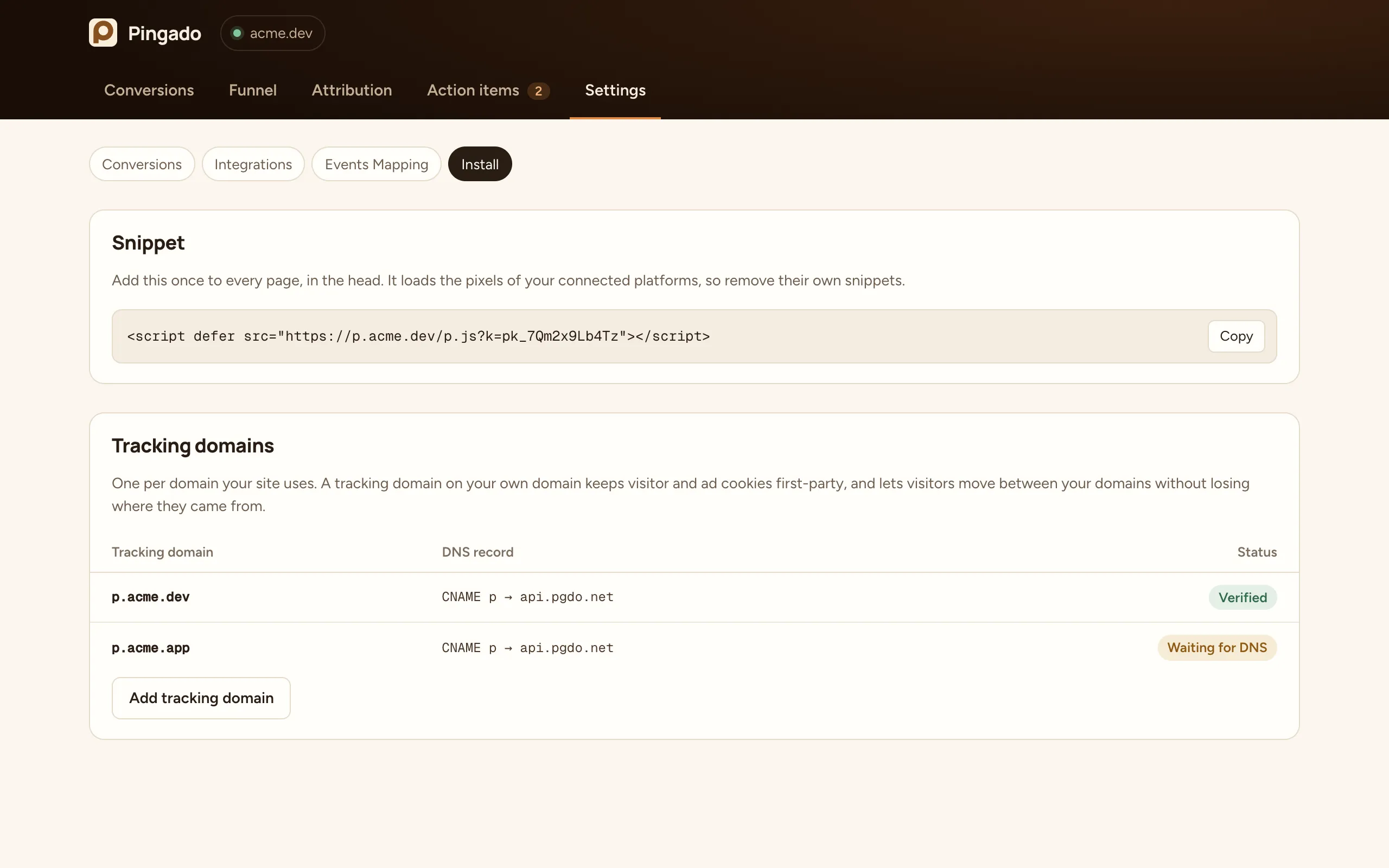 The Install section in settings