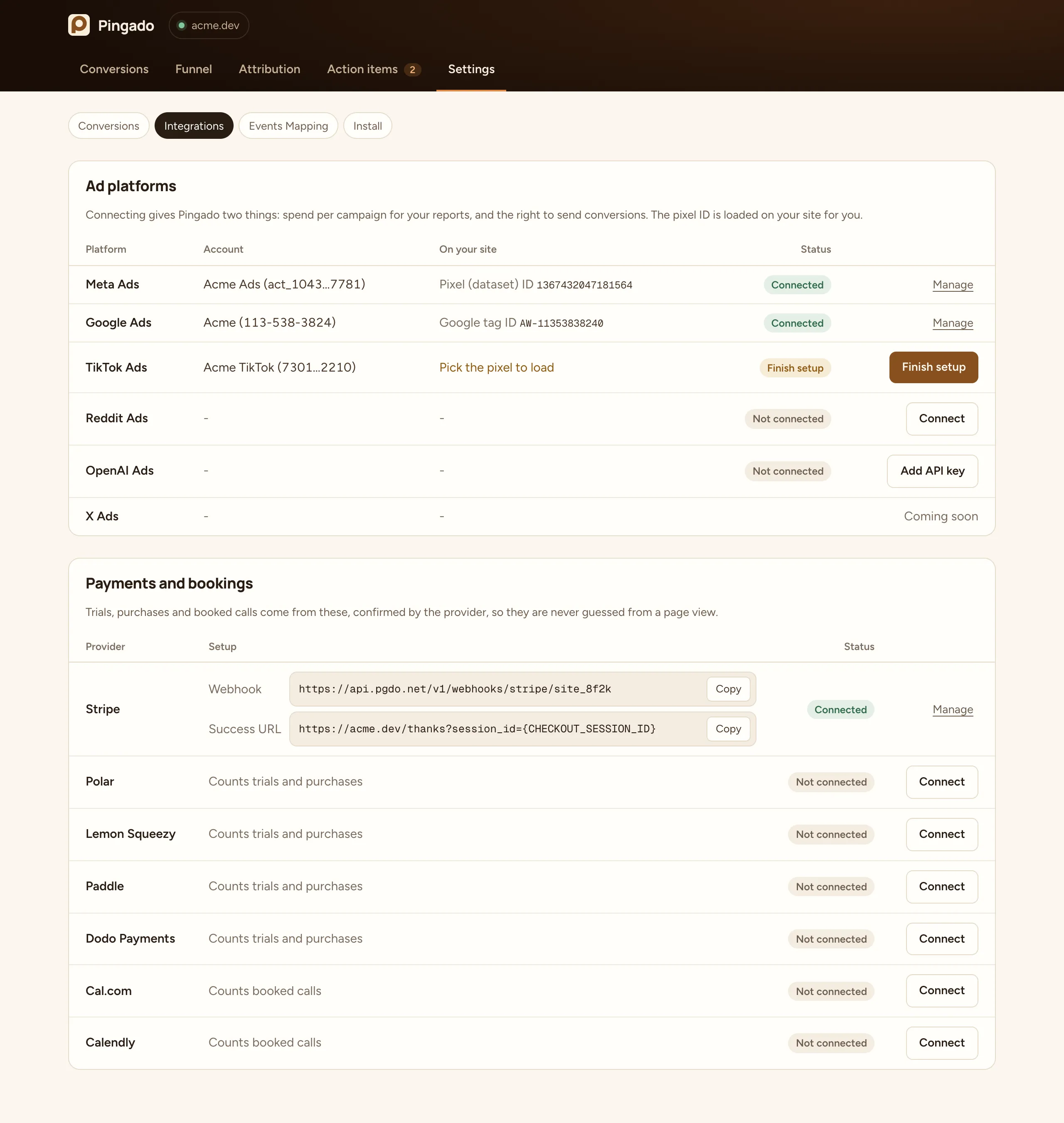 Ad platforms in settings
