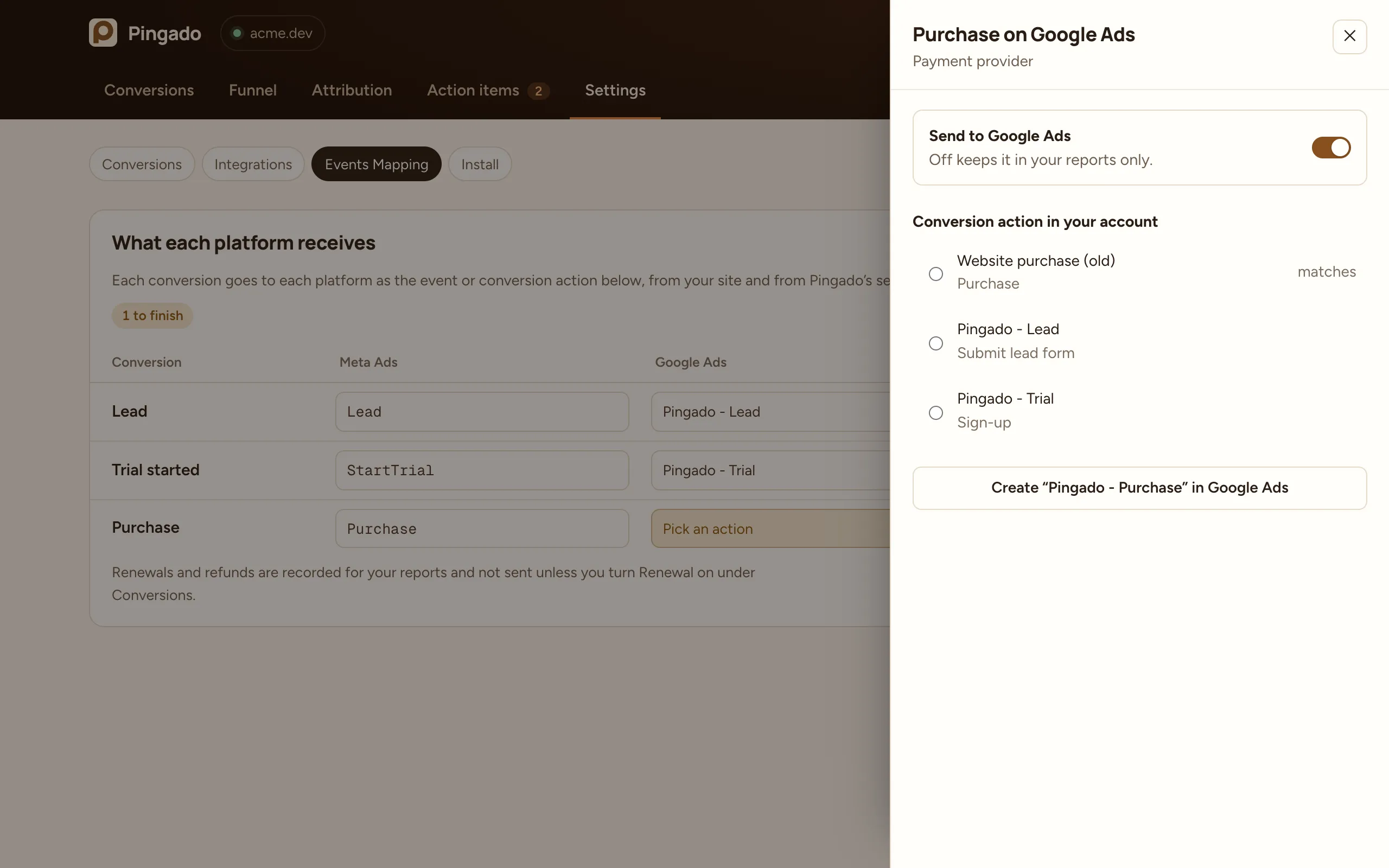 Choosing a Google Ads conversion action